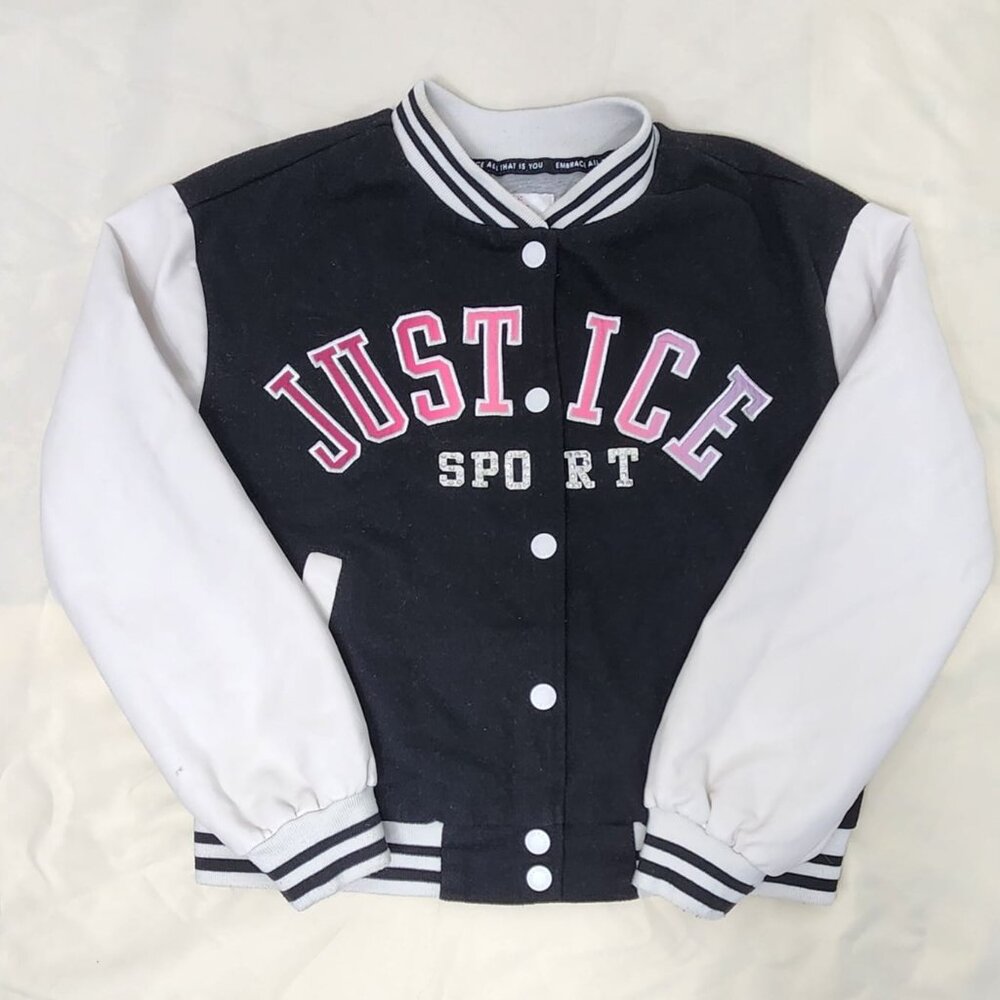 Justice Girls Varsity Jacket Size 10 M Black White Pink Button Up Sport Coat